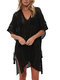 Solid Color Knitting Hollow Loose Beach Blouse - Black