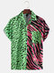قميص رجالي بنقشة الفهد و Zebra مخطط مرقع بأكمام قصيرة مقلم - أخضر