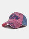 Men Washed Distressed Cotton Letter Embroidered Stitches Color-match Patchwork Vintage Sunshade Baseball Cap - Wine Red
