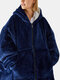 Women Flannel Blanket Hoodies Thicken Warm Zip Front Wearable Sweatshirt Oversized Loungewear - Navy