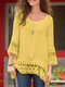 Women Lace Patchwork Crew Neck Casual 3/4 Sleeve Blouse - Yellow