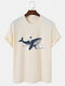 Mens Astronaut Whale Print Crew Neck Short Sleeve Cotton T-Shirts - Beige