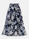 Flower Leaves Print Chiffon Belt Elastic Waist Elegant Skirt - Blue