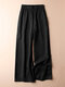 Women Solid Elastic Waist Pocket Wide Leg Pants - Black