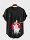 Kurzarm-T-Shirts für Herren mit japanischer Kriegerfigur und gebogenem Saum - Schwarz