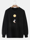 Mens Cartoon Astronaut Chest Print Cotton Solid Color Loose Crew Neck Sweatshirt - Black