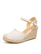 Women Casual Breathable Lace Closed Toe Buckle Comfy Espadrille Wedges - White