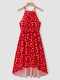 فستان متوسط الطول بحزام مطبوع بنقاط منقطة حزام - أحمر