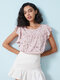 Floral Hollow Ruffle Sleeve Romantic Crew Neck Blouse - Pink