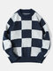 Mens Checkered Crew Neck Preppy Loose Knit Pullover Sweaters - Navy