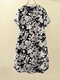 Vestido feminino manga curta floral Planta estampado botão quarto de manga curta - Preto