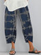 Casual Print Elastic Waist Plus Size Pants with Pockets - Navy