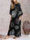 Split Wood Grain Print Long Sleeve Plus Size Dress - Black