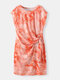 Knotted Short Sleeve O-neck Tie Dye Women Print Dress - Orange