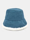 Unisex Corduroy Plus Faux Rabbit Fur Solid Color Striped All-match Warmth Bucket Hat - Blue