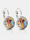 Bronze Glass Round Mixed-Color Cat Print Women Pendant Earrings - Silver