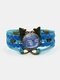 Vintage Multilayer Women Bracelet Dragonfly Printed Butterfly Pendant Leather Bracelet - Blue