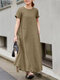 Solid Pocket Round Neck Short Sleeve Casual Cotton Maxi Dress - Green