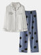 Women Letter Polka Dot Print Revere Collar High Low Split Cotton Long Pajamas Set - Gray
