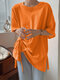 Solid Drawstring Split Round Neck Short Sleeve Casual T-Shirt - Orange