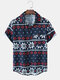 Mens Christmas Snowflake Print Lapel Button Casual Short Sleeve Shirts - Navy