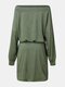 Solid Color Off Shoulder Long Sleeve Plus Size Dress for Women - Green