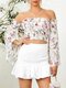 Women Holiday Off-shoulder Bell Long Sleeve Calico Print Blouse - White