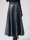 Women Solid Color PU Leather Casual High Waist Skirt - Navy