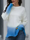 Ombre Print O-neck Long Sleeve Ripped Sweater - Blue