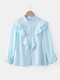 Solid Color Ruffle Stand Collar Button Romantic Blouse - Blue