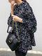 Floral Print Puff Sleeves Loose Casual Blouse For Women - Navy