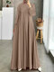 Women Lace Patchwork Pleated Muslim Long Sleeve Maxi Dress - Khaki