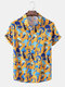 Mens Cartoon Mushroom Print Lapel Short Sleeve Shirt - Yellow