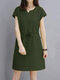 Solid Drawstring Waist Pocket Short Sleeve Casual Dress - Army Green