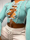Patchwork Cross Straps Sexy Long Sleeve Crop Top For Women - Blue