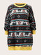Plus Size Casual Cartoon Tribal Print Patchwork Loose Sweater - Black