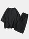 Men Linen Loose Pajamas Set Breathable V Neck Plain Bat Sleeve Loungewear - Black