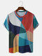 Men Geometric Colorblock Abstract Print Crew Neck Soft Breathable T-Shirts - Blue