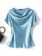 Women Satin Solid Cowl Neck Casual Short Sleeve Blouse - Blue