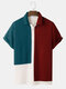 Mens Tricolor Knitted Lapel Short Sleeve Regular Hem Shirt - Wine Red