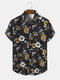Mens All Over Floral Print Topstitching Holiday Short Sleeve Shirts - Black