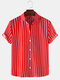Mens Striped Print Solid Color Casual Loose Short Sleeve Shirts - Red
