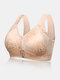 Women Wireless Front Zipper Gather Lace Trims Breathable Comfy Wide Straps Bra - Nude
