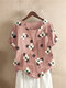 Floral Printed O-Neck Short Sleeve Cotton T-shirt - Pink