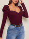 Solid Backless Puff Long Sleeve Square Collar Skinny T-shirt - Claret