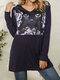 Forest Cat Print Patchwork V-neck Plus Size Casual T-shirt - Purple
