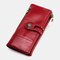 جلد أصلي للنساء Rfid Antimagnetic متعدد الفتحات 14 بطاقة فتحات زيبر Bifold محفظة طويلة - أحمر