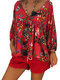 Skull Butterfulies Print V-neck Plus Size Blouse - Red