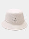 Unisex Cotton Solid Color Smile Face Pattern Embroidery Simple Sunshade Bucket Hat - Beige