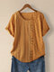 Striped Embroidery O-neck Button T-shirt For Women - Orange